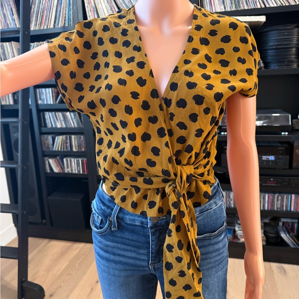 Madewell Mustard and Black Leopard Wrap Tie Blouse